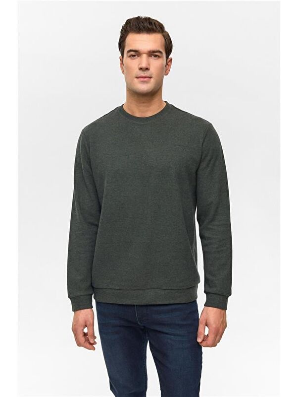 Süvari Haki Regular Düz Bisiklet Yaka Sweatshirt