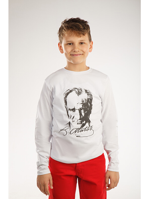 ajn Kids Bisiklet Yaka Atatürk Baskılı Uzun Kollu Erkek Çocuk Tişört