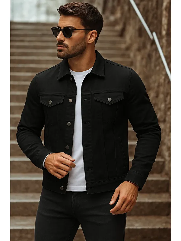 Comstar Erkek Mevsimlik Basic Günlük Trend Siyah Jean Ceket