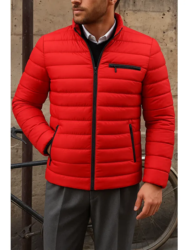 Comstar Erkek Kışlık Slim Fit Günlük Kırmızı Şişme Mont