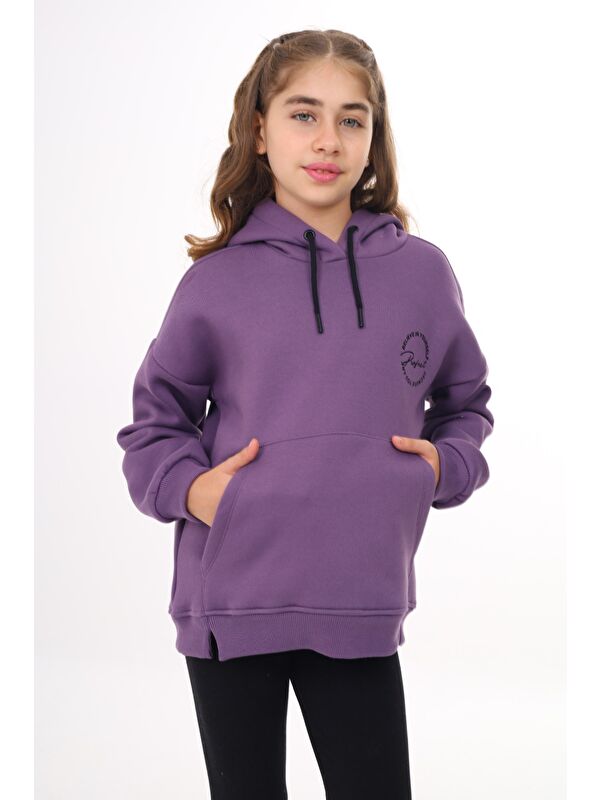 Toontoykids Kız Çocuk Oversize Kapüşonlu Cepli Düşük Omuz Baskılı Yırtmaçlı Sweatshirt - 3 İplik Şardonlu