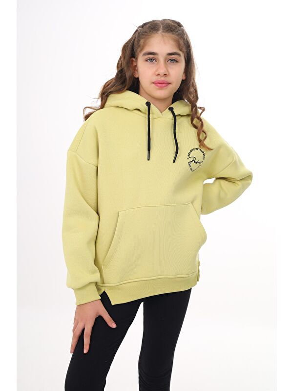 Toontoykids Kız Çocuk Oversize Kapüşonlu Cepli Düşük Omuz Baskılı Yırtmaçlı Sweatshirt - 3 İplik Şardonlu