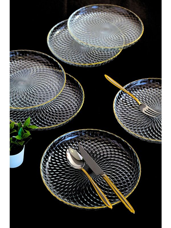 TABAK EVİ Altın Yaldız Cam Pasta Tabağı 19cm 6 lı 2339