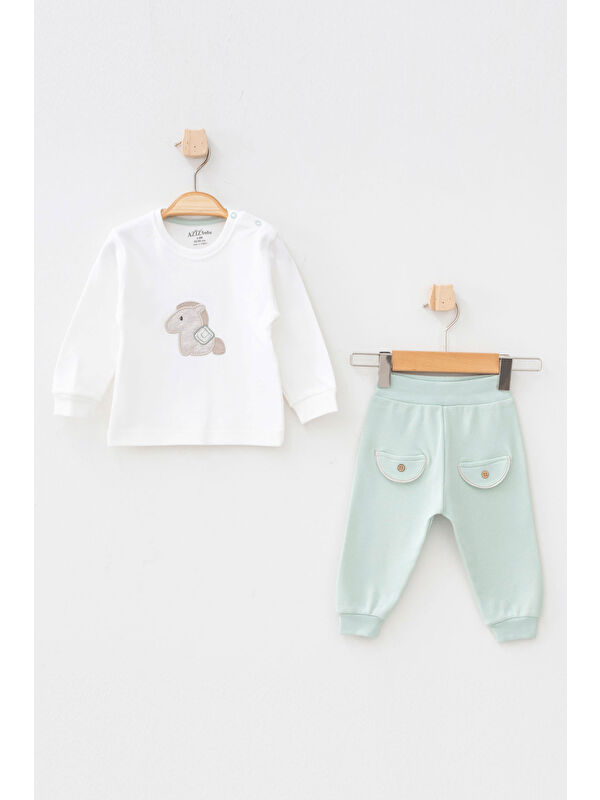 AZİZ BEBE Erkek Bebek At Nakışlı Sweatshirt Pantolon T-shirt 3 'lü Alt Üst Bebek Takımı 3 Ay - 36 Ay