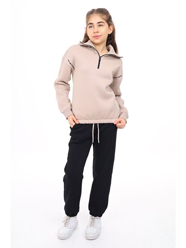 Toontoykids Kız Çocuk 2'li Takım Baskılı Balıkçı Yaka Fermuarlı Sweatshirt & Beli Paçası Lastikli Cepli Jogger