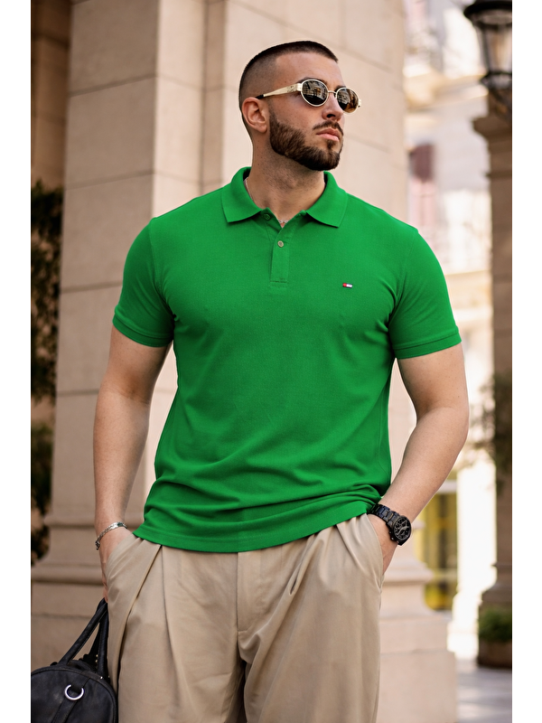 Comstar Erkek Trend Dar Basic Yazlık Yeşil Polo Yaka Tişört