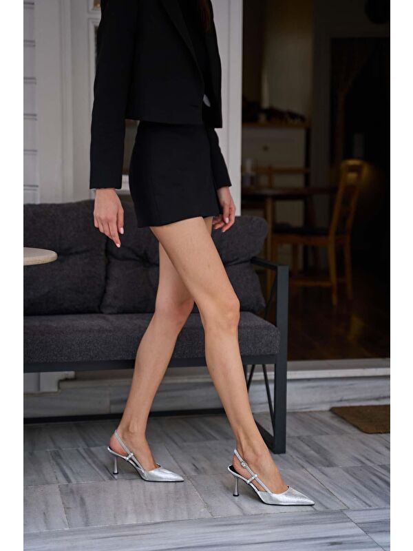 Desenli İnce Topuklu Ayakkabı Gümüş - Görsel 3