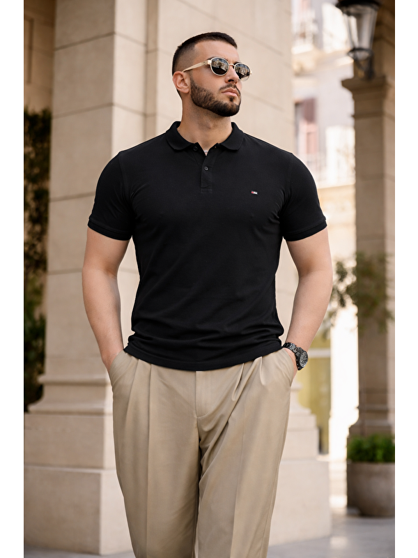 Comstar Erkek Trend Dar Basic Yazlık Siyah Polo Yaka Tişört