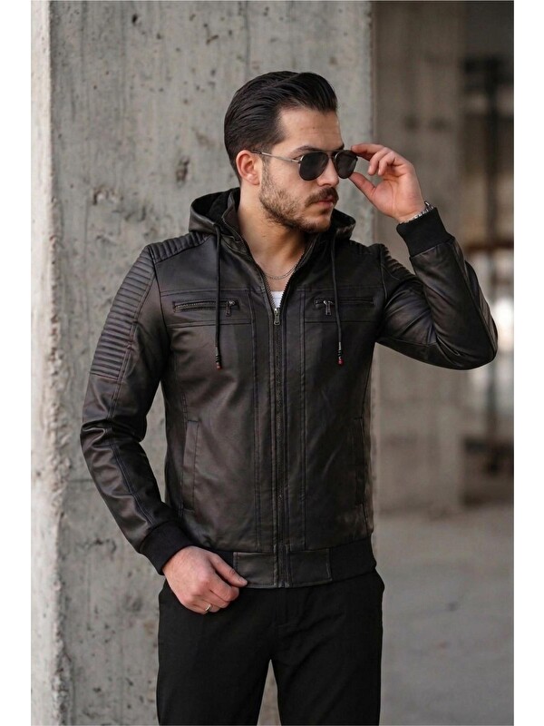 Oksit Kegg Erkek Siyah Slim Fit Kapüşonlu Omuz Detaylı Suni Deri Ceket
