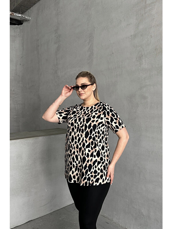 Stil Diva Büyük Beden Kısa Kollu Bisiklet Yaka Leopar Desenli Bluz 616006