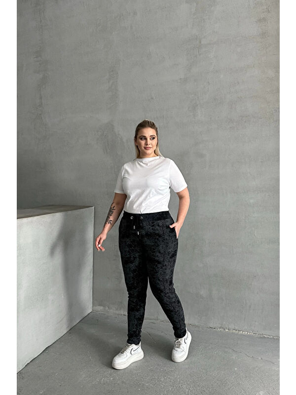 Stil Diva Büyük Beden Beli Büzgülü Dar Paça Cepli Desenli Pantolon 304056