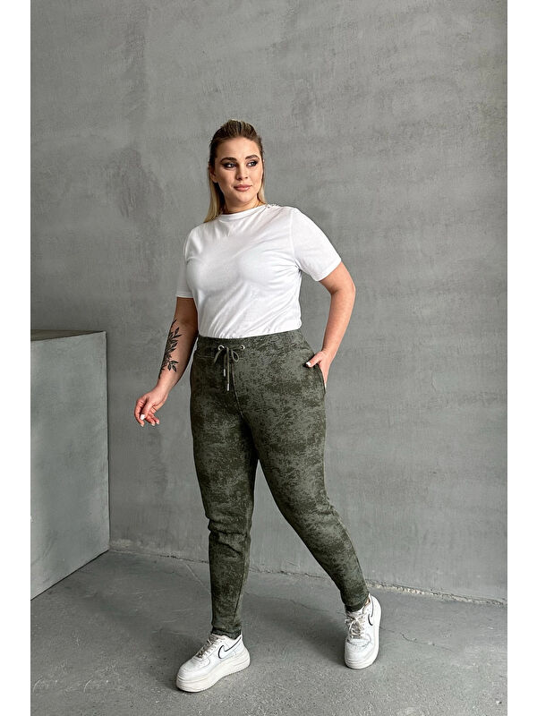 Stil Diva Büyük Beden Beli Büzgülü Dar Paça Cepli Desenli Pantolon 304055