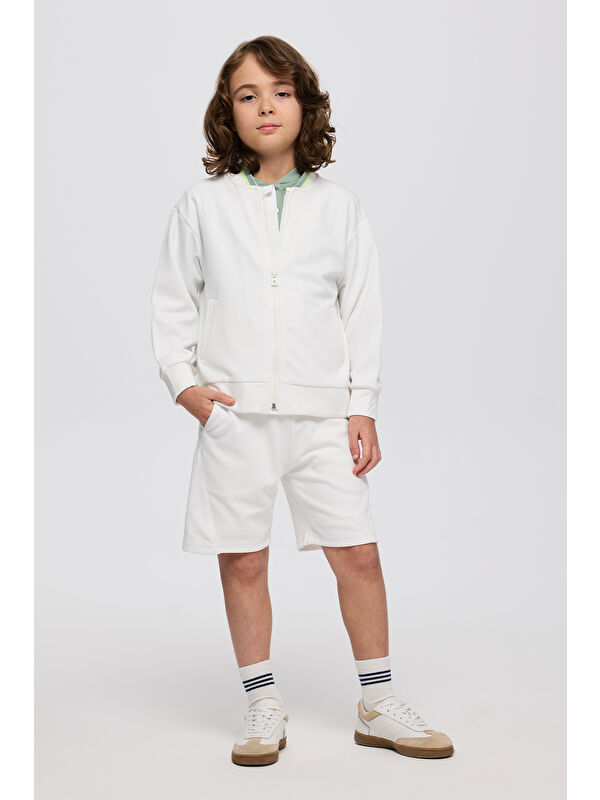 Panço Erkek Çocuk Yakası Ribanalı Cepli Fermuarlı Ekru Sweatshirt