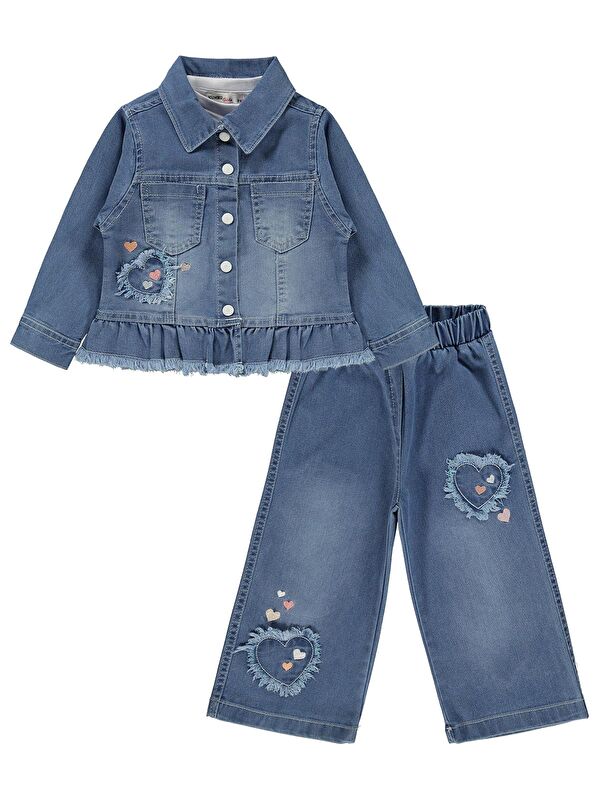 Kumru Civil Girls Nakışlı Jean Ceket Pantolon 3 Lü 2-5 Yaş Takım - Mavi 3-4 Yaş