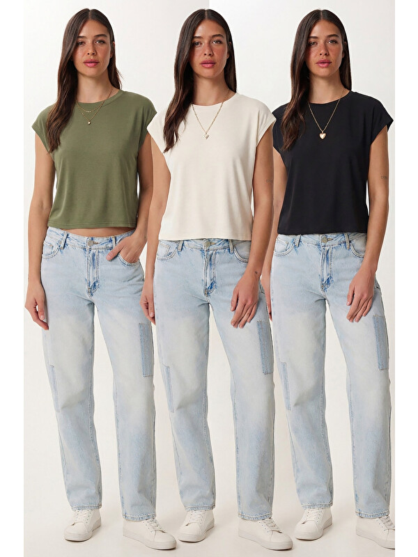 Happiness İstanbul 3’lü Paket Basic Viskon T-shirt SİYAH HAKİ EKRU LRN0044