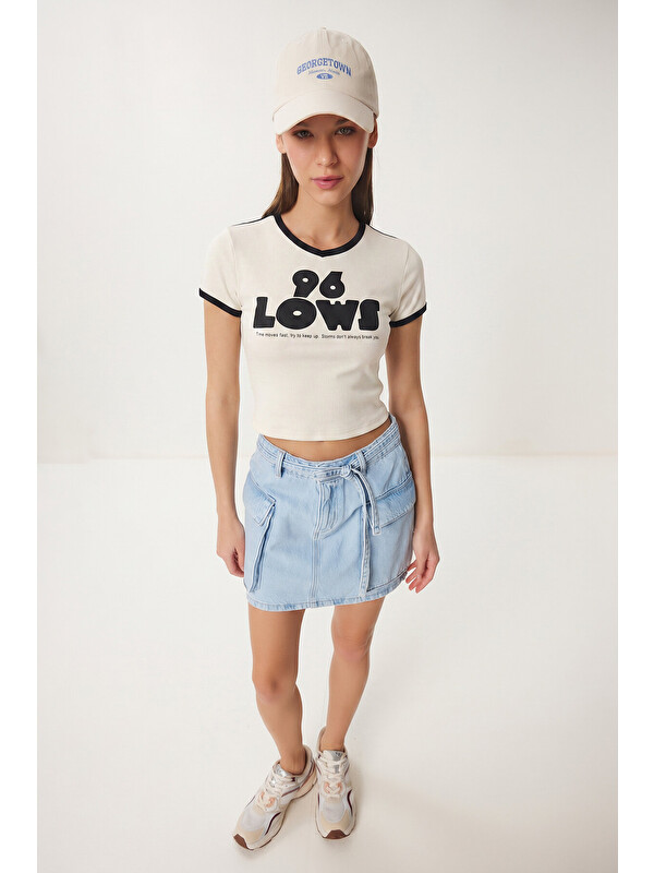 Happiness İstanbul Kontrast Baskılı Pamuklu T-shirt BEYAZ LACİVERT LUB0346