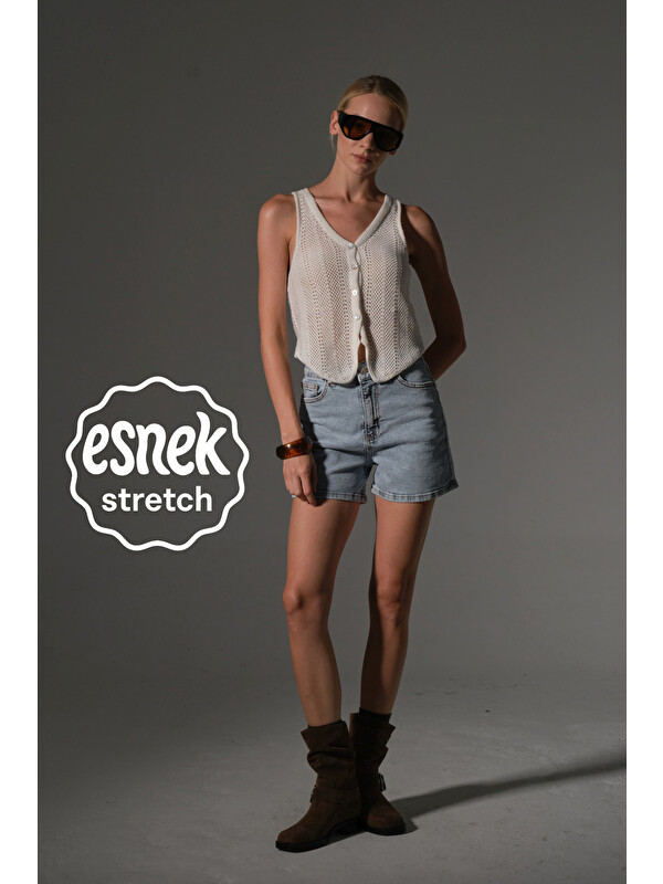 Maule Esnek Denim Kumaş Pamuk Elastan 5 cep Jean mini kadın jean şort