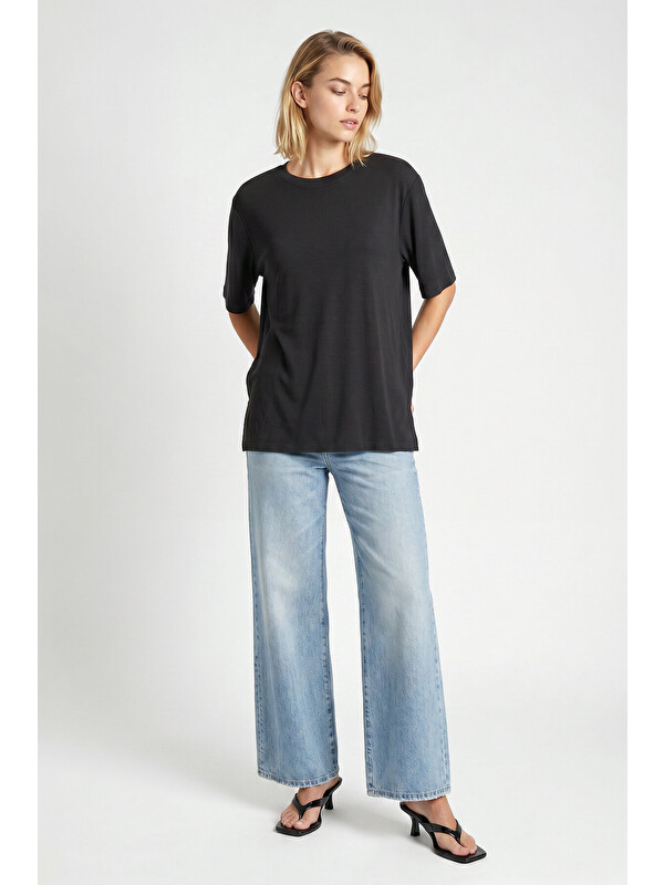 Happiness İstanbul Oversize Basic Fitilli Modal T-shirt ANTRASİT LUB0361