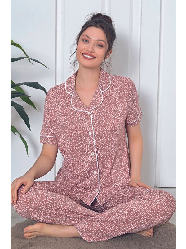 Intensive Kadın çiçek desenli düğmeli kısa kol örme pijama takımı
