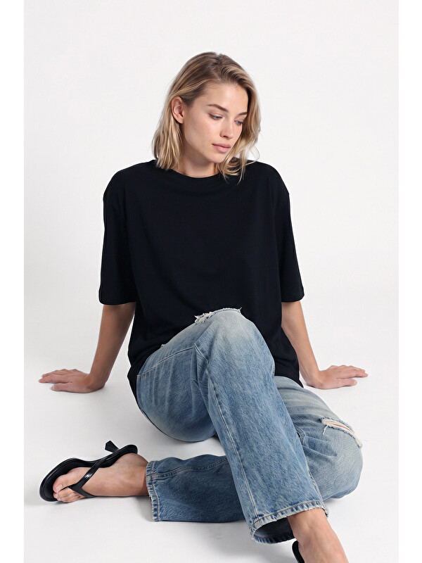 Happiness İstanbul Oversize Basic Fitilli Modal T-shirt SİYAH LUB0361