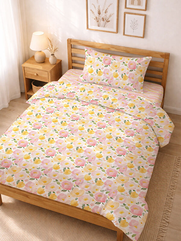 Milbay Grup Pastel Çiçek Desenli Tek Kişilik Nevresim Seti 160x220 Pamuk Karışımlı Fermuarlı