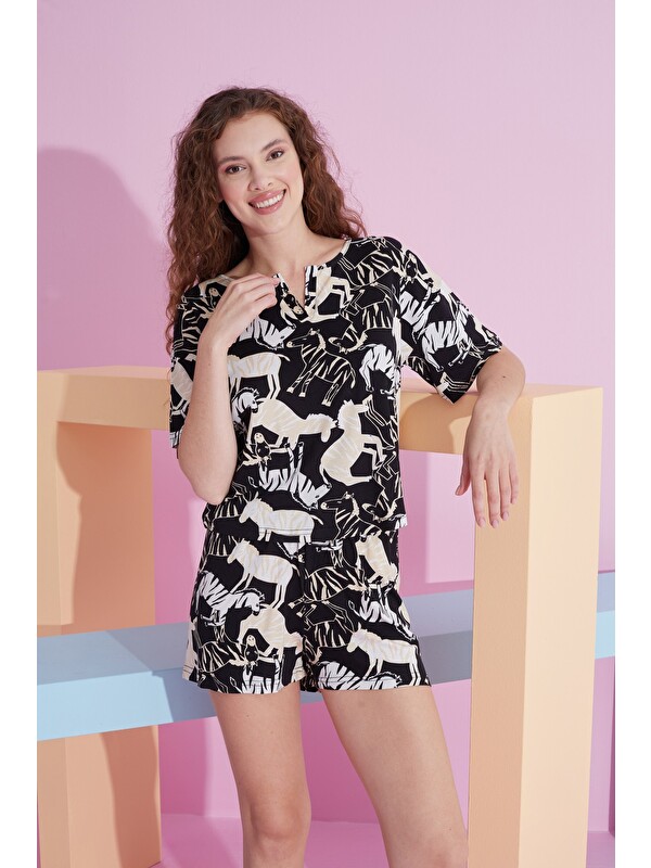 Siyah İnci Elastanlı Örme T-Shirt-Şort Pijama Takım