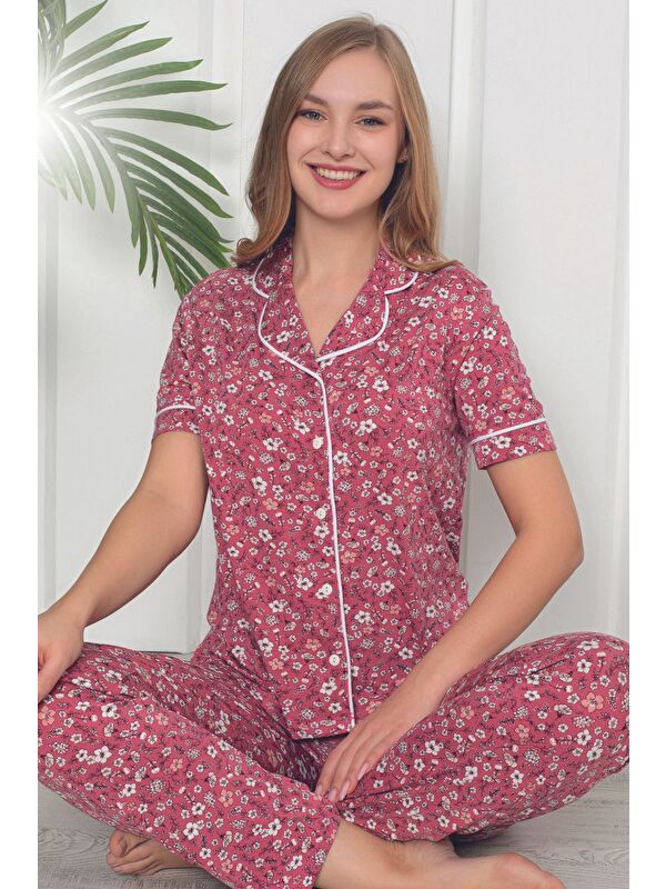 Intensive Kadın çiçek desenli düğmeli kısa kol örme pijama takımı