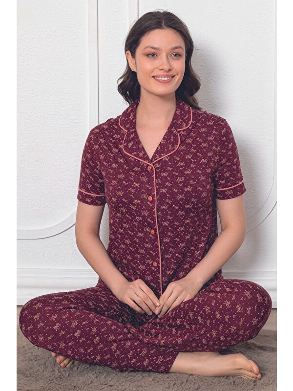 Intensive Kadın çiçek desenli düğmeli kısa kol örme pijama takımı