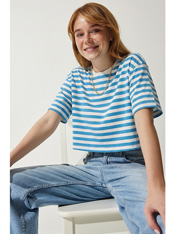 Happiness İstanbul Oversize Çizgili Pamuklu Örme T-shirt MAVİ BEYAZ LZE0001