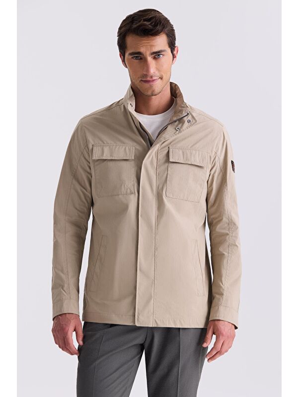 JAKAMEN Bej Comfort Fit Dik Yaka Mevsimlik Spor Mont