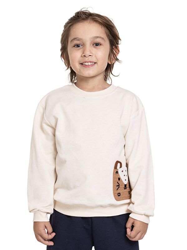 Zepkids Bisiklet Yaka Cep Detaylı Taş Renk Erkek Çocuk Sweatshirt