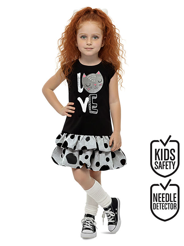 Denokids Puantiye Kedi Kız Çocuk Balon Elbise