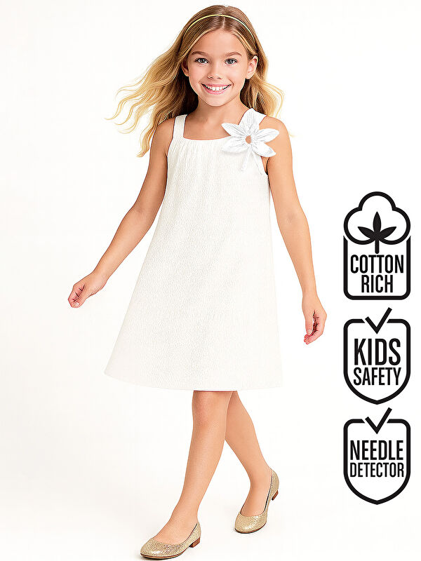 Denokids Çiçekli Kol Kız Çocuk Beyaz Elbise