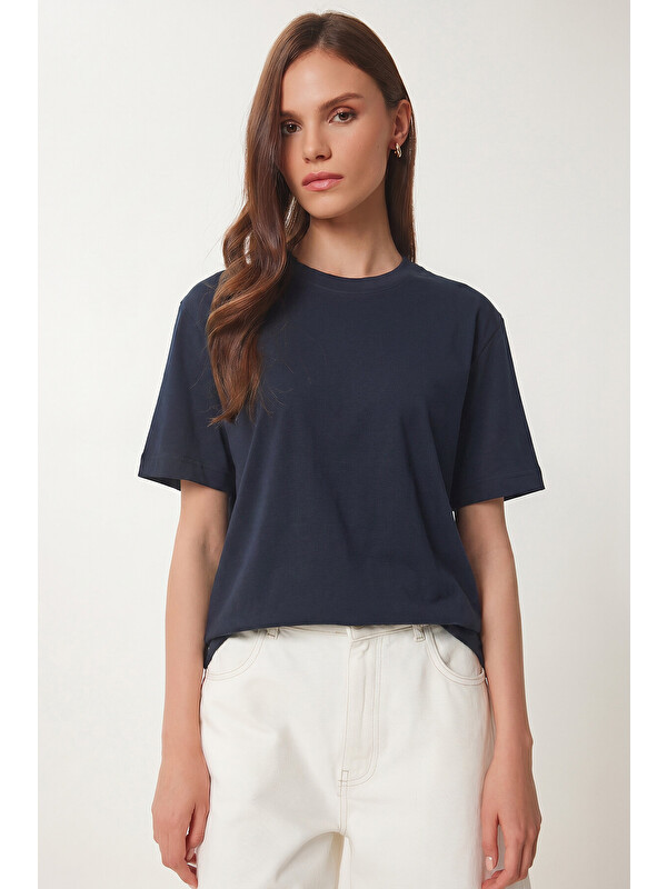 Happiness İstanbul Basic Pamuklu Örme T-shirt LACİVERT LUS0094