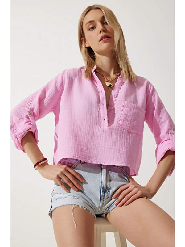 carla10 Hakim Yaka Müslin Gömlek Bluz Pembe