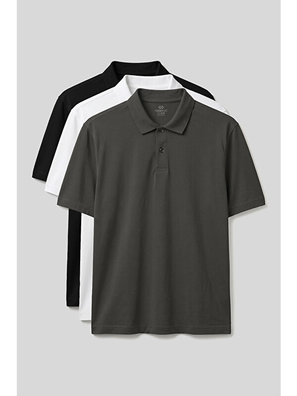 Tommylife Polo Yaka Büyük Beden 3lü Paket Siyah-Beyaz-Haki Erkek T-Shirt - 88511