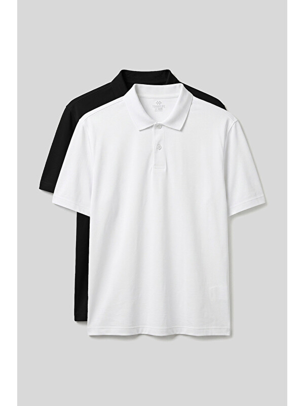 Tommylife Polo Yaka Büyük Beden 2li Paket Siyah-Beyaz Erkek T-Shirt - 88511