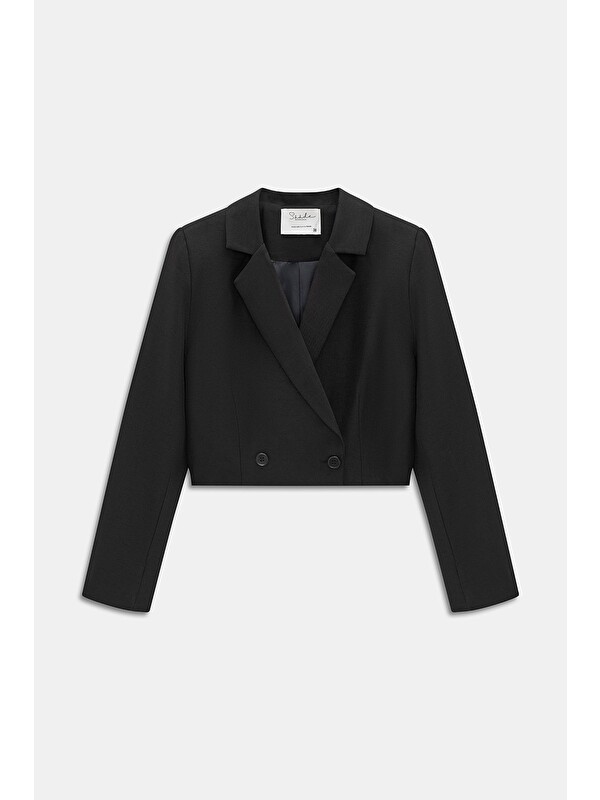 Saade Siyah Kruvaze Crop Blazer Ceket