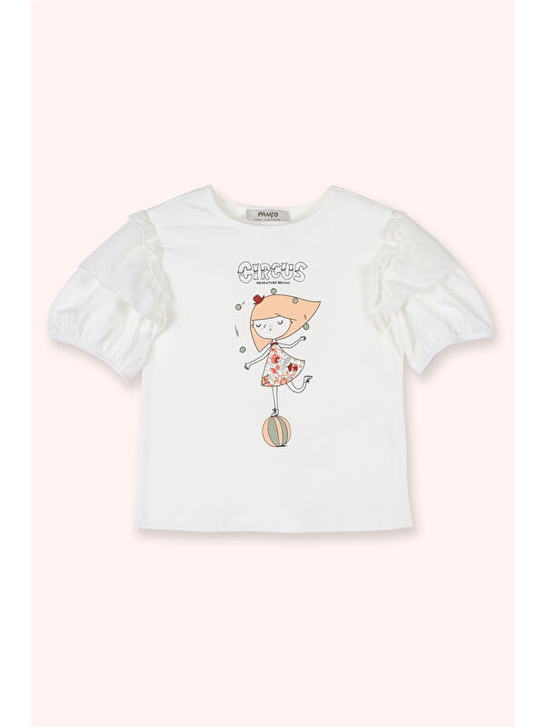 Panço Kız Çocuk Baskılı T-Shirt Ekru