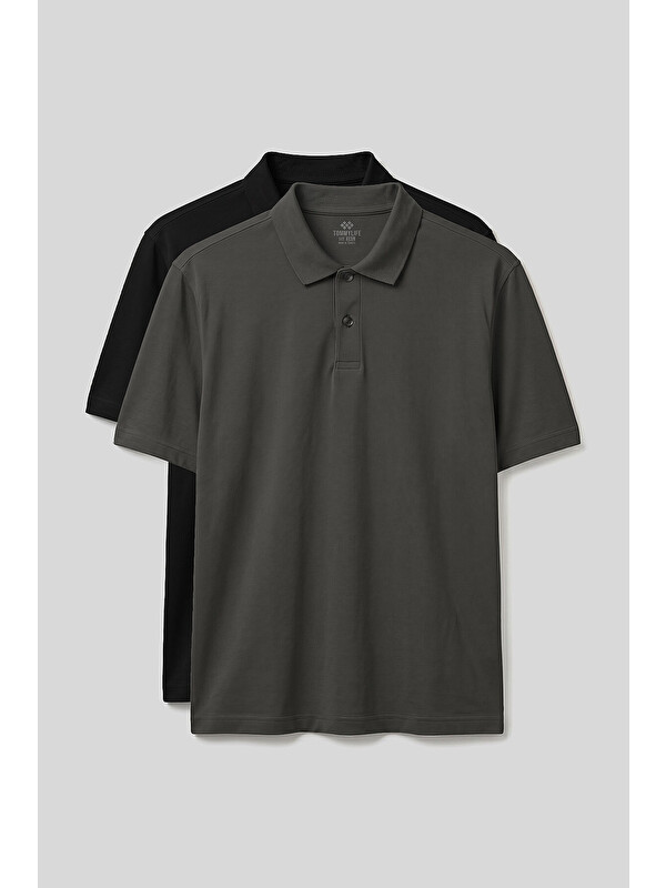 Tommylife Polo Yaka Büyük Beden 2li Paket Siyah-Haki Erkek T-Shirt - 88511