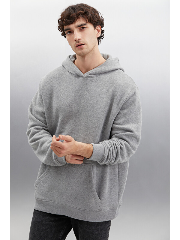 GRIMELANGE Draco Erkek Organik Kumaşlı İçi Polarlı Yumuşacık Kanguru Cepli Kapüşonlu GRİ MELANJ Sweatshirt