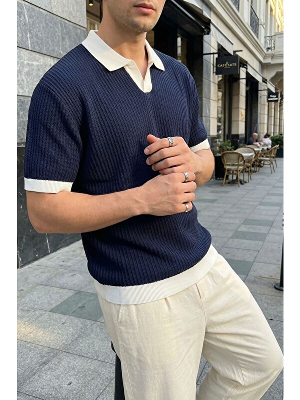 Livio Ferri Köyten Regular Fit Erkek Kısa Kol Triko Polo Yaka Tişört Çizgili Dokulu