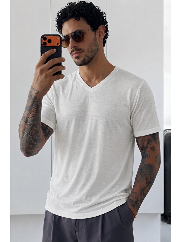 Tarz Cool Erkek Flamlı Pamuklu V Yaka Basic Slim Fit Tişört Yazlık Günlük Tişört