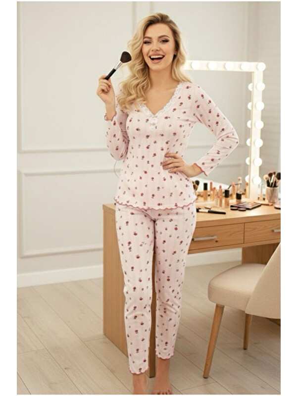 Siyah İnci beyaz Pamuklu Delikli Dantelli Örme Pijama Takım7928-6