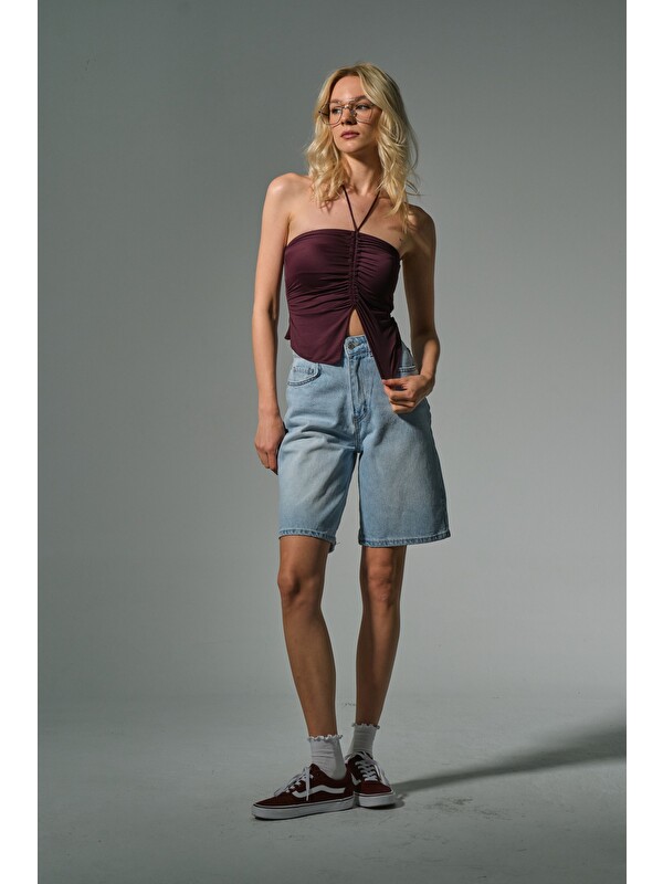 Maule %100 Pamuk yüksek Bel Gabardin None Denim 5 Cep Kadın Bermuda Şort @Udine