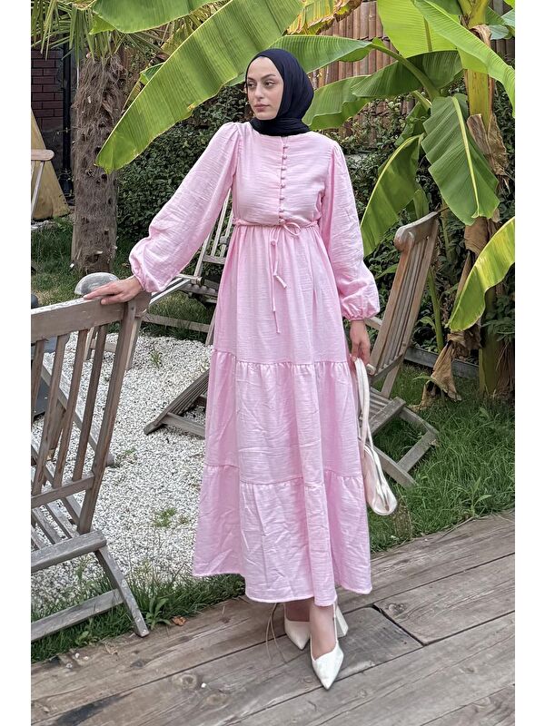 Lamelif Bel Büzgülü Tesettür Elbise Pembe