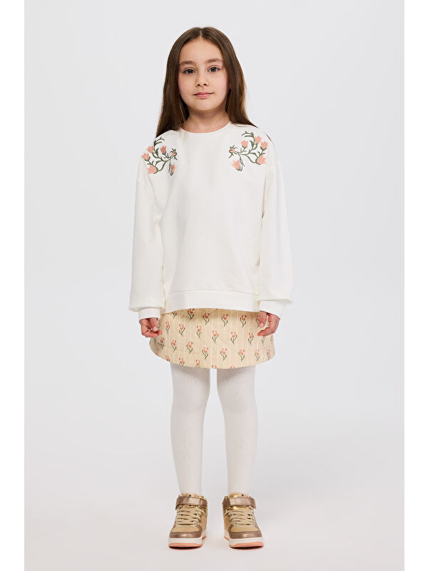 Panço Kız Çocuk Nakış Detaylı Ekru Sweatshirt