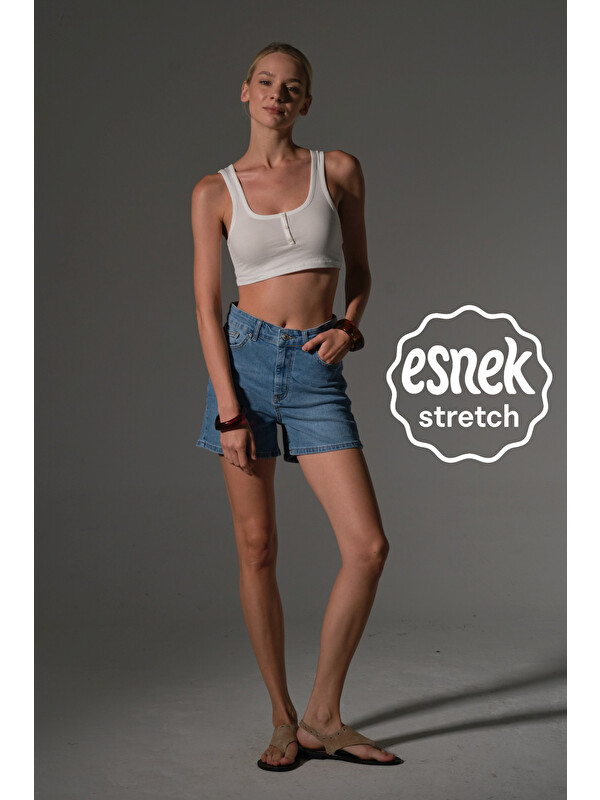 Maule Esnek Denim Kumaş Pamuk Elastan 5 cep Jean mini kadın jean şort