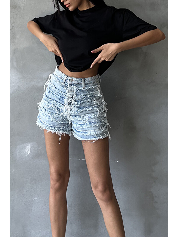 Maule Dekoratif Dikiş Detaylı, Fermuarlı Jean Mini Kadın Denim Şort @Messina