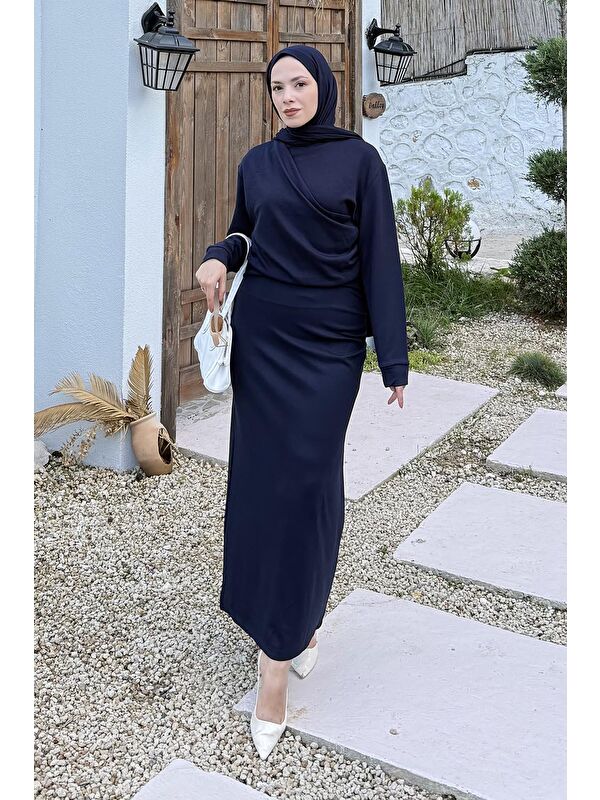 Lamelif Büzgülü Tesettür Elbise Lacivert